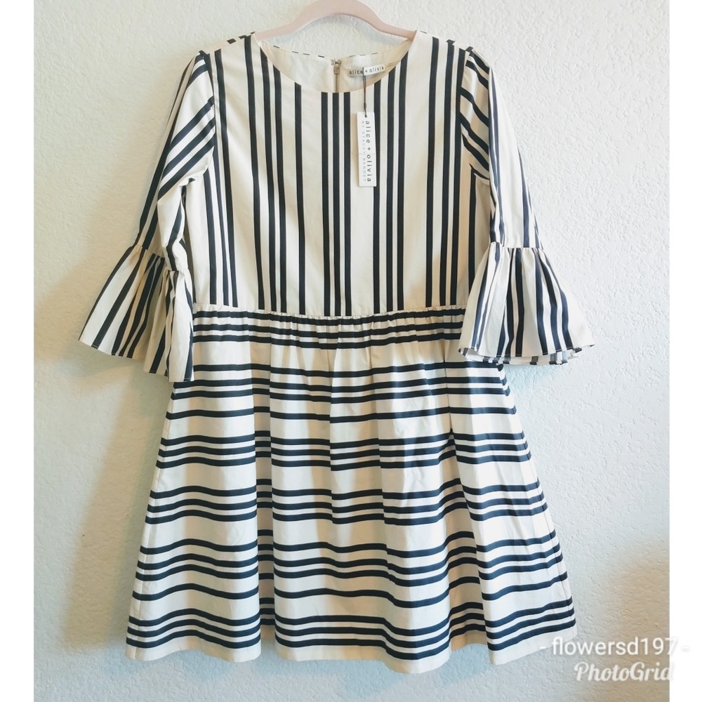 Alice + Olivia Black and White Striped Midi Dress - Picture 2 of 6